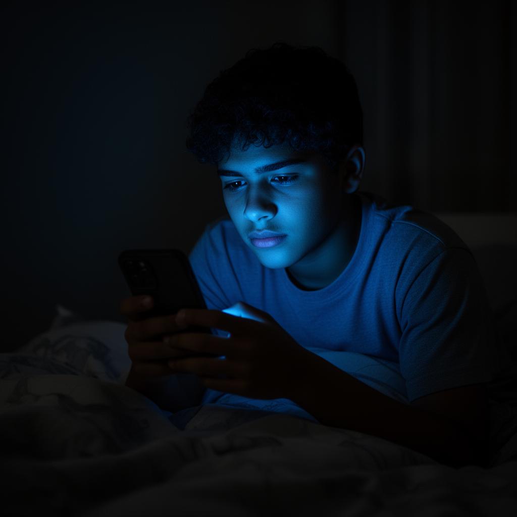 Adolescente solo de noche con su celular
